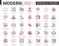 Finance and banking flat thin red black line icons vector illustration set creative website financial outline symbols of digital