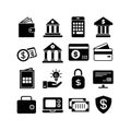 Finance and banking vector icons showing money, growth, security, and innovation Royalty Free Stock Photo