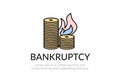 Finance. Bankruptcy. Logo fire near stacks of dollar coins, inscription bankruptcy. Vector illustration