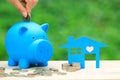 Finance,Blue house model and tack of coins money with blue piggy on natural green background, Investment business and Banking Royalty Free Stock Photo