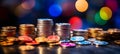 Finance bokeh with coins, banknotes, and symbols in vibrant colors, evoking wealth and prosperity