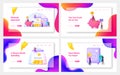 Finance Budget Landing Page Template Set. Tiny People Saving and Collect Money into Huge Piggy Bank, Safe and Glass Jar