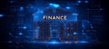 Finance Building in Neon Glowing Outline on Abstract Technology Background, Digital Banking Concept Royalty Free Stock Photo