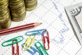 Finance business calculation with chart,color clips,pencil and coins Royalty Free Stock Photo