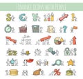 Finance and business icons set of sketch working little people