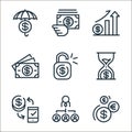 finance and business line icons. linear set. quality vector line set such as currency, teamwork, mobile banking, hourglass, unlock