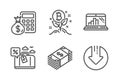 Finance calculator, Bitcoin project and Graph laptop icons set. Vector