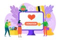 Finance for charity, donate money in internet, vector illustration. Help by making web donation at computer, flat online