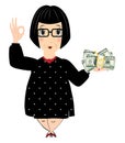 Finance Concept. Cartoon of an old lady holding money on white background