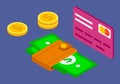 Finance concept, credit card, golden coins, wallet with dollars, payment with electronic money