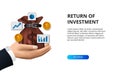 Finance concept return of investment, illustration money bag, golden coin, and chart icon