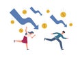 Finance crisis concept. Running depressed people falling arrows and coins, global economic money problem, bankruptcy
