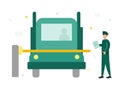 Finance. Customs broker and brokerage services. Near the barrier a man in uniform with a document and a lorry. Vector illustration