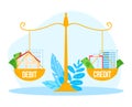 Finance debit credit at business scales, vector illustration. Economy balance with money, property and cash dollar