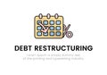 Finance. Debt restructuring. Calendar logo with arrow and percent sign, inscription Debt restructuring. Vector