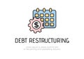 Finance. Debt restructuring. Calendar logo, near it a gear with a dollar sign, the inscription Debt restructuring