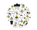 Finance doodle icon set. Business line symbols in circle form. Dollar sign, outline coins, exchange and groth wallet, investment