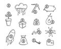 Finance doodle icon set. Business line symbols. Dollar sign, outline coins, exchange and groth wallet, investment and banking,