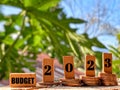 Finance and Economy Concept - BUDGET 2023 text on red bricks background. Stock photo.