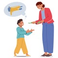 Finance Education Concept With Young Boy Character Approaches His Mom, Eyes Sparkling With Hope, Vector Illustration