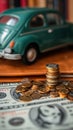 Finance essentials Car, calculator, and coins on bookbank background