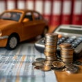 Finance essentials Car, calculator, and coins on bookbank background