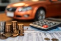 Finance essentials Car, calculator, and coins on bookbank background