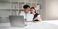 Finance in family concept, Happy Asian couple calculate income and bill to plan for invest or plan income and expenses Royalty Free Stock Photo