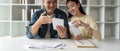 Finance in family concept, Happy Asian couple calculate income and bill to plan for invest or plan income and expenses Royalty Free Stock Photo