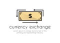 Finance. Financial services. Dollar banknote logo illustration, around arrows, text, inscription Currency Exchange