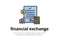 Finance. Financial services. Illustration of a document logo on it with a calculator, chart, coin, inscription financial exchange