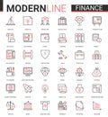 Finance flat thin red black line icon vector illustration set with outline financial business symbols collection of Royalty Free Stock Photo