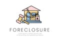 Finance. Foreclosure. House logo in chains with padlock and hammer next to it, with foreclosure lettering. Vector illustration Royalty Free Stock Photo