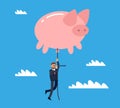 Finance growth, rise of savings. Prospects for future, tiny man flying on piggy bank balloon, income and cash on deposit