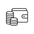 Finance icon. Linear emblem of profit, cash, money. Black simple illustration of wallet and stack of coins. Contour isolated