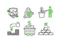 Finance icons. Financial services icons set. Icons of resource financing, trust services. A silhouette of a man watered a plant in Royalty Free Stock Photo