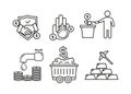 Finance icons. Financial services icons set. Icons of resource financing, trust services. A silhouette of a man watered a plant in