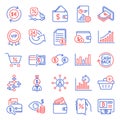 Finance icons set. Included icon as Payment methods, Discounts app, Column chart. Vector