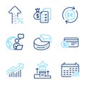 Finance icons set. Included icon as Pie chart, Money currency, Increasing percent signs. Vector Royalty Free Stock Photo