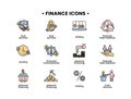 Finance icons set. Vector illustration of financial intermediary icons, resource financing, trust services, lending