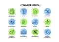 Finance icons set. Vector illustration of financial management, econometrics, devaluation, default. A dollar sign, next to which