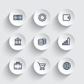 Finance icons, wallet, money, income, savings, banking, commerce, thick line icons on round 3d shapes