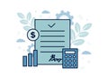 Finance illustration. Financial exchange. A document on it with a calculator, chart, coin, on the background of gears, clouds,