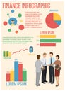 Finance infographics poster vector illustration. Graphs and growing charts. Earning money. Group of people discussing