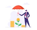 Finance Insurance Concept with Businessman Holding Umbrella Under Money Tree. Money Protection Financial Savings Royalty Free Stock Photo