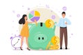Finance, investment, time money saving concept illustration with man, woman, piggybank, coins and clock.