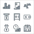 Finance line icons. linear set. quality vector line set such as bank, time is money, money bag, wallet, deposit, receipt, balance