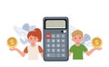 Finance management concept. Happy kids saving money. Children with dollar coin and calculator, vector illustration