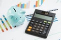 Finance, money budget planning, saving performance review concept, piggy bank and calculator on pile of paper chart and graph rep Royalty Free Stock Photo