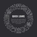 Finance, money loan circle template flat line icons. Quick credit approval, currency transaction, no commission cash Royalty Free Stock Photo